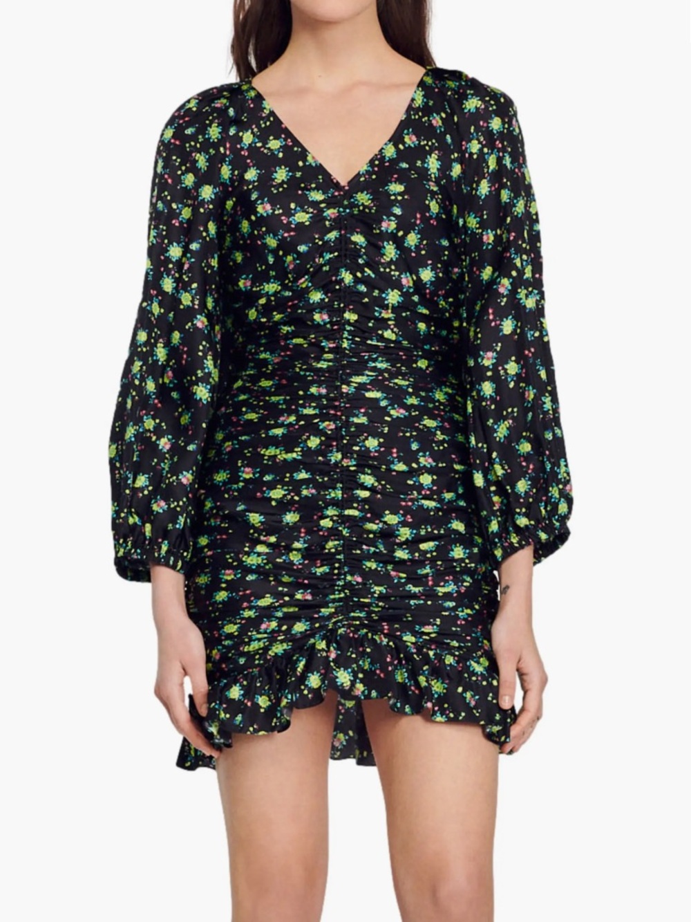 Sandro NWT Novalee floral flouncy asymmetrical ruched mini dress US SZ 8